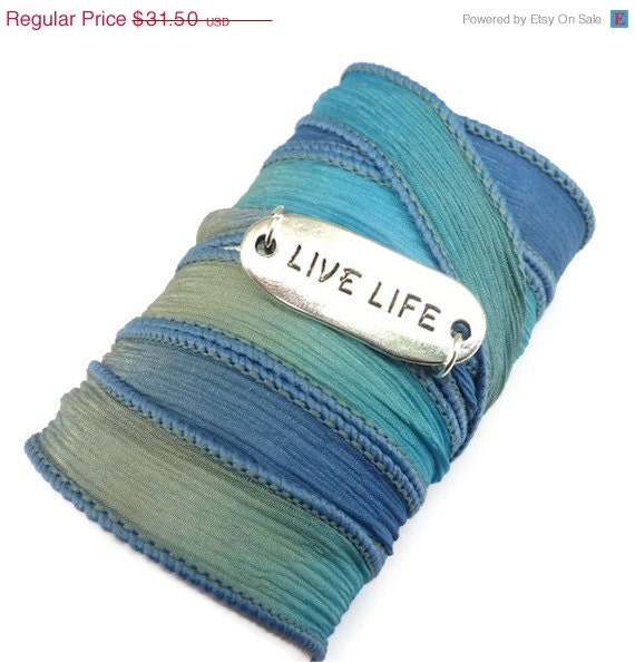 Silk Wrap Bracelet with LIVE LIFE connector,yoga jewelry,silk ribbon bracelet, yoga bracelet, boho chic, bohemian