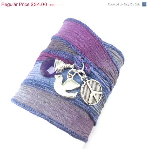 Hand Dyed Slk Ribbon Wrap Bracelet with Dove, Peace Sign, and Amethyst, yoga jewelry, wrapped wrapping bracelet, wrap around,wrist wrap