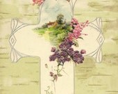 Floral Cross and Country Scene on Faux Bois Easter Postcard Undivided Back.