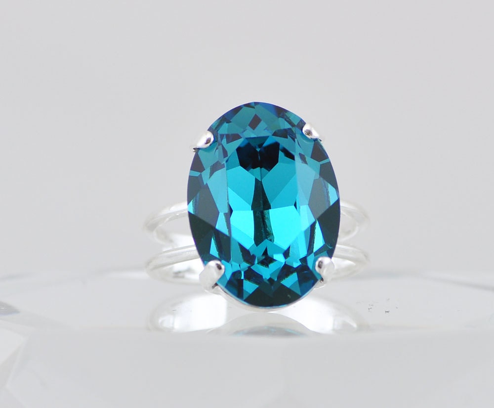 Bright Blue Swarovski Crystal Cocktail Ring, Adjustable Silver Band Size 5 - 9, Zircon Blue Statement Ring, Oval Faceted Crystal Ring