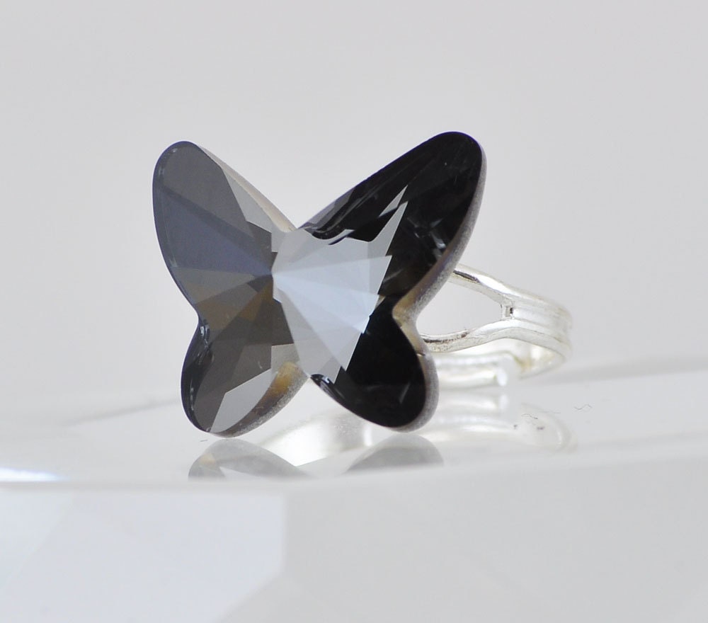 Sparkly Butterfly Ring, Swarovski Crystal Ring, Silver Night, Metallic Dark Grey, Adjustable Silver Fashion Ring 6, 7, 8 ,9, Cocktail Ring