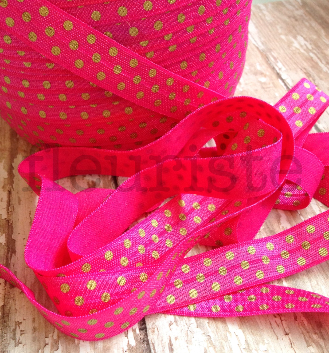 Metallic Foldover Elastic by the Yard-Five Yards-Hot Pink with Dark Gold Dots