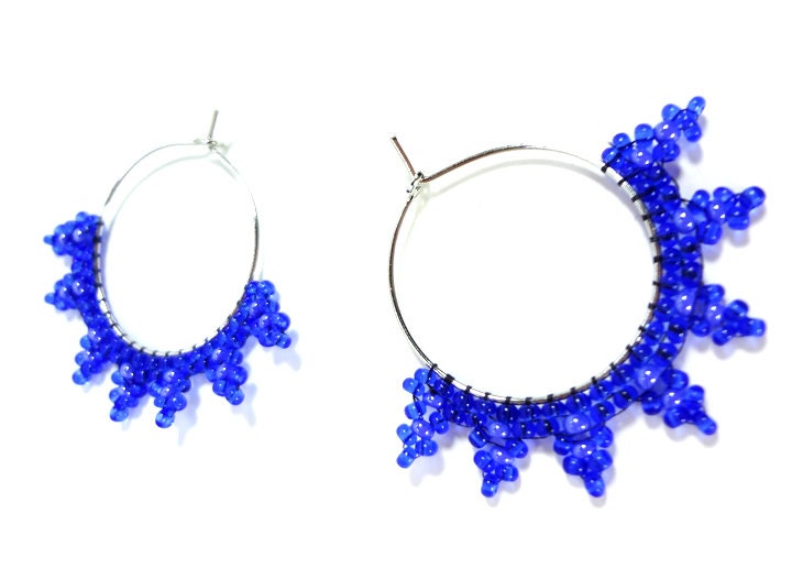 Beaded Blue Hoop Circle Earrings