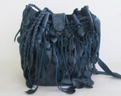 blue leather tote messenger handbag with leaf fringe large, braided strap, teal, cobalt. by Tuscada. Ready to ship.