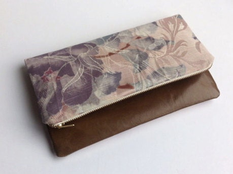 Limited edition leather clutch bag with pretty vintage style floral fabric, small
