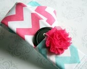 Reversible Camera Strap Cover with Lens Cap Pocket and Single Flower - Riley Blake Aqua and Pink Chevron - Designer Fabric- MADE TO ORDER