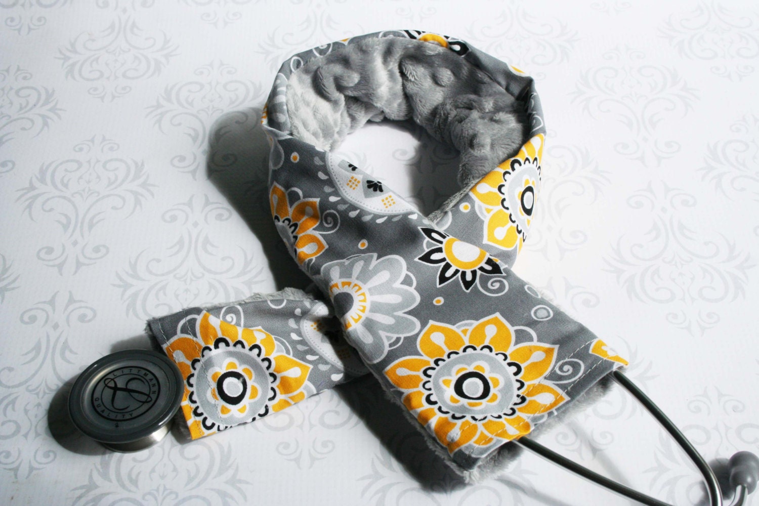 Padded Stethoscope Cover - Nurse, Doctor, Med Student,  Medical Assistant - Yellow Flowers with Gray Minky - MADE TO ORDER