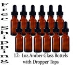 12 (1 Dozen) Amber Glass Boston Round Bottles w/ glass EYE Droppers  (30ML)