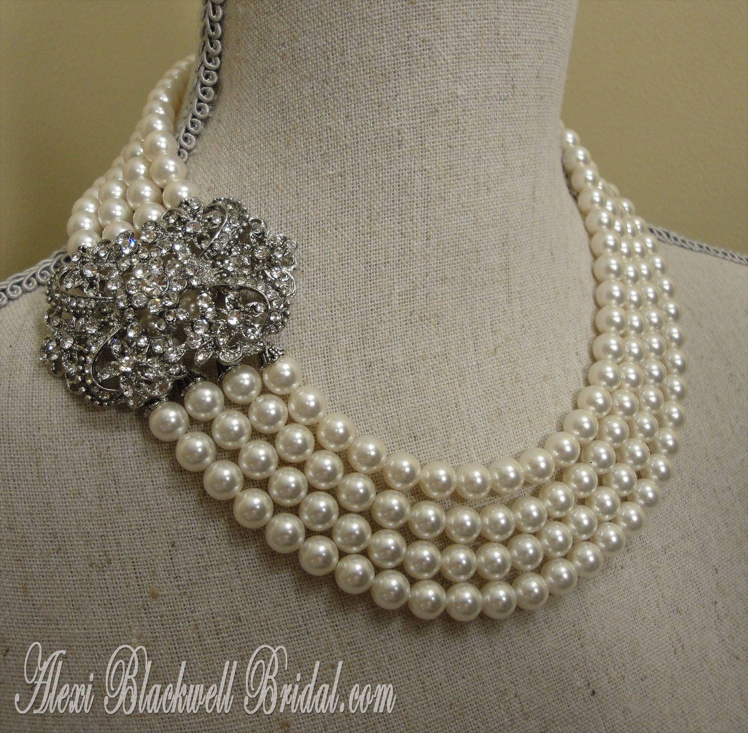 Complete Bridal Jewelry Set Breakfast at Tiffany - Bracelet Necklace Earrings in Swarovski Pearls 4 multi strands Rhinestone wedding jewelr