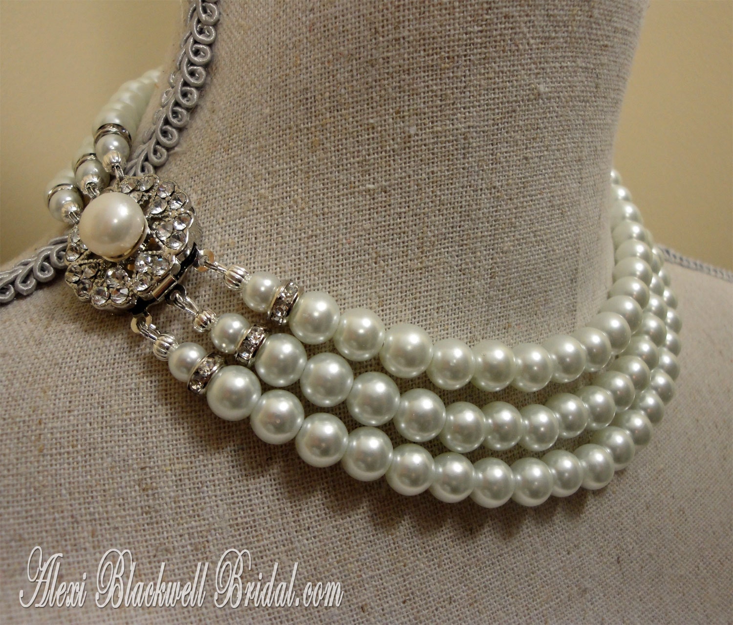 Bridal Pearl Necklace Set vintage style like Jackie O -- Multi Strand of glass pearls in white perfect glamorous wedding jewelry