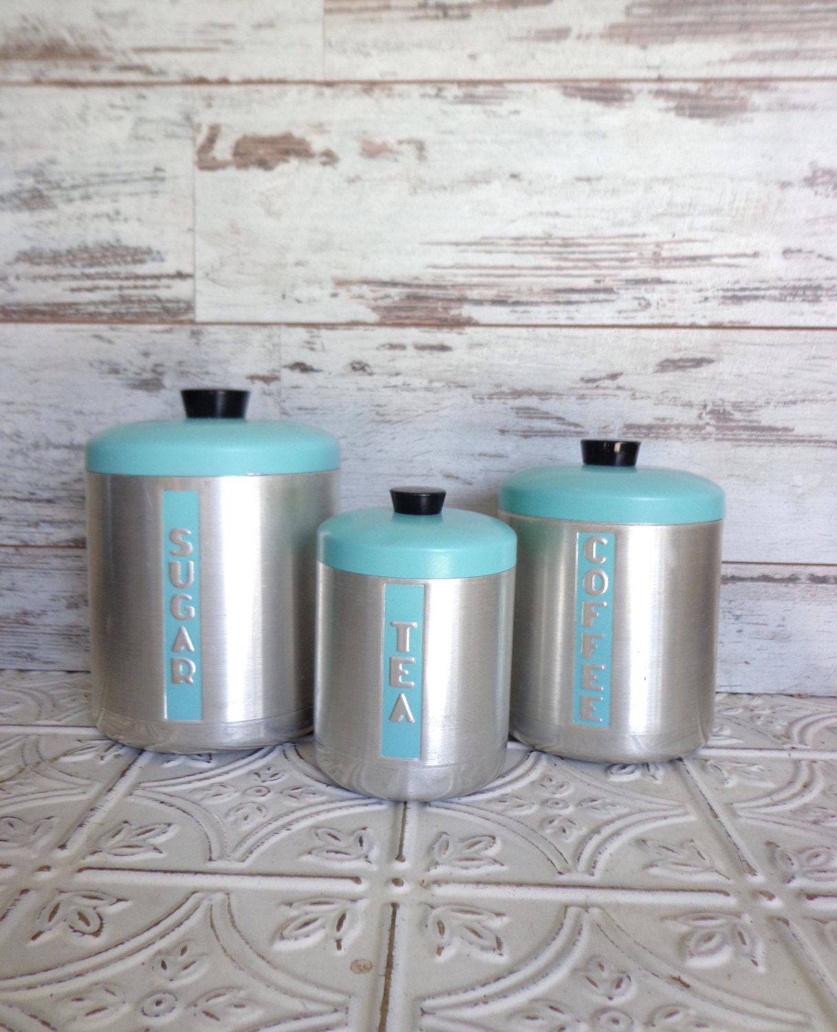 Vintage Metal Canister Set Hand Painted Aqua Aluminum with Black Knob Spun Sugar, Coffee, Tea