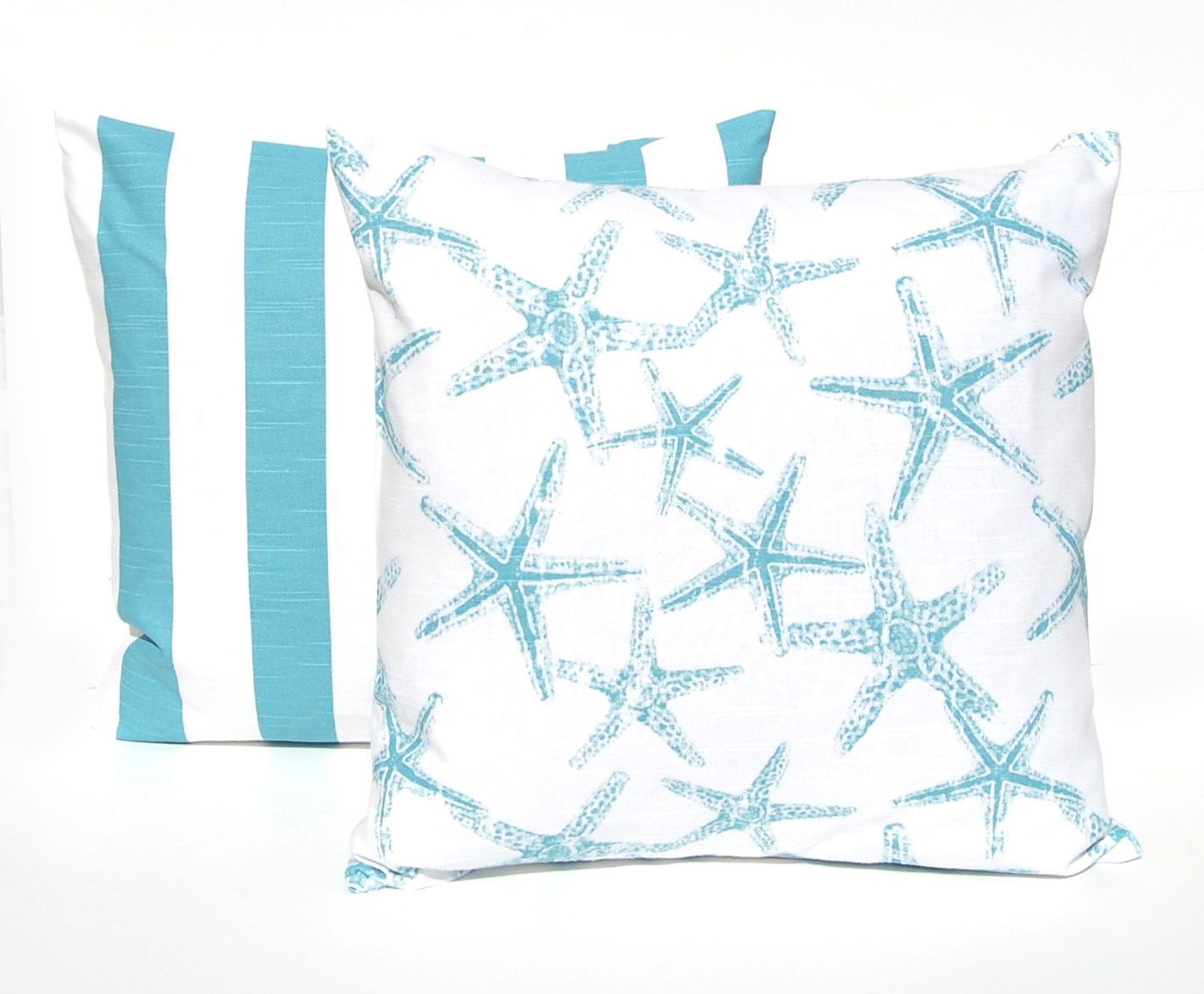 Euro Sham Decorative Throw Pillow Covers Beach Decor Pair of Two 24 x 24 Coastal Blue Aqua on White Slub Starfish Stripe Premier Prints