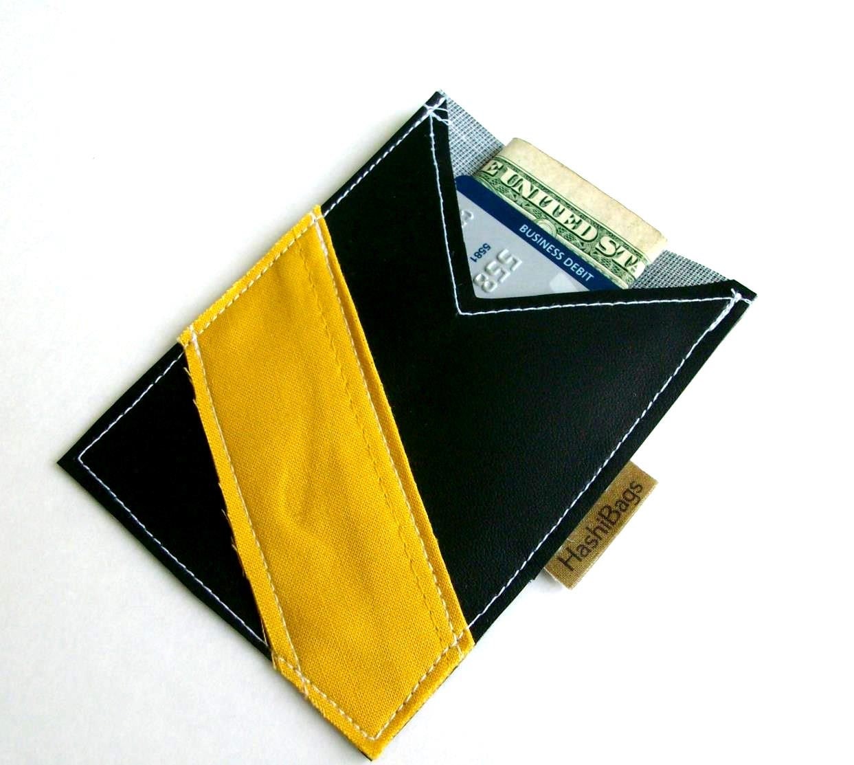 BLACK AND MUSTARD / chevron / wallet / business card holder / vegan leather