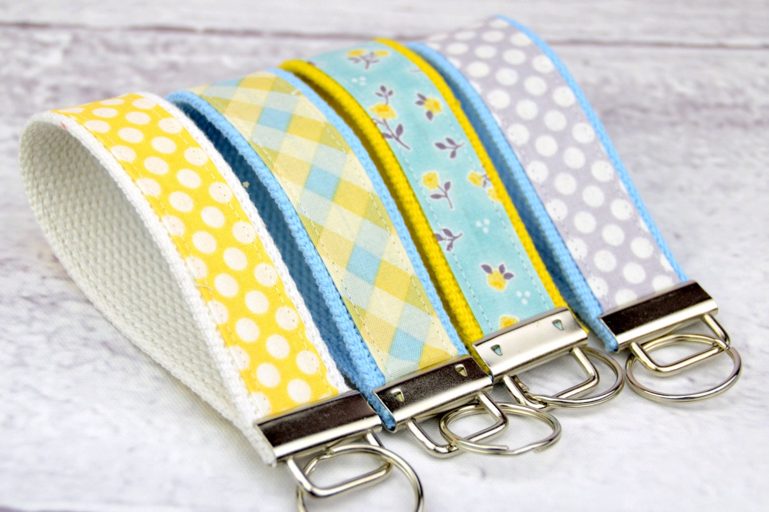 Set of 4 (FOUR) Keychain Wristlets- Key Fob in Riley Blake Promenade Blue Grey Yellow