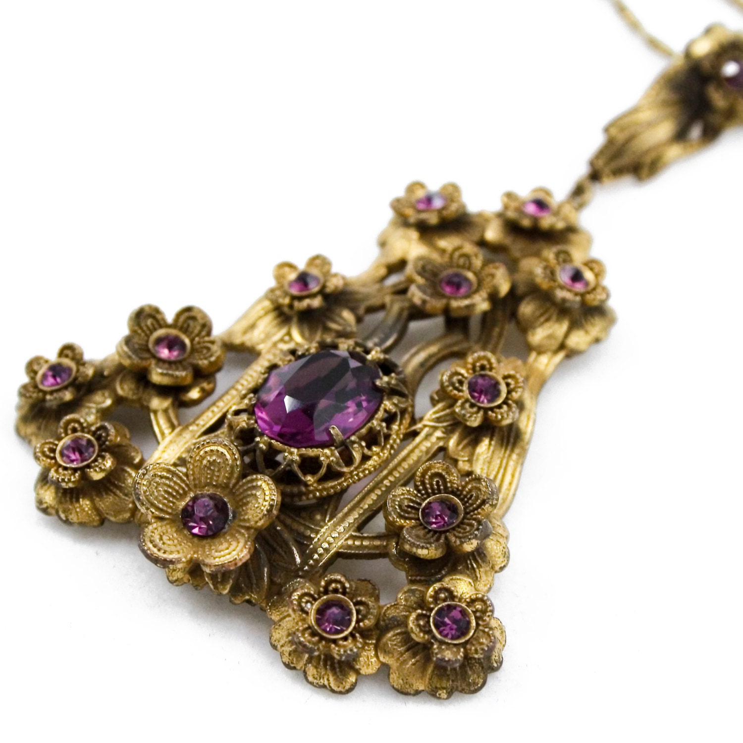 Art Nouveau Lavalier Necklace with Amethyst Rhinestones - Speidel