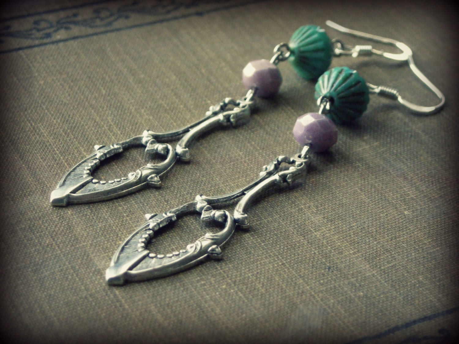 Timeless No.1 ... earrings silver victorian filigree lilac turquoise glass boho chic steampunk edwardian bohemian repousse art nouveau deco