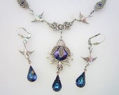 Victorian Stlye Silver Swallow Bermuda Blue Crystal Necklace Set