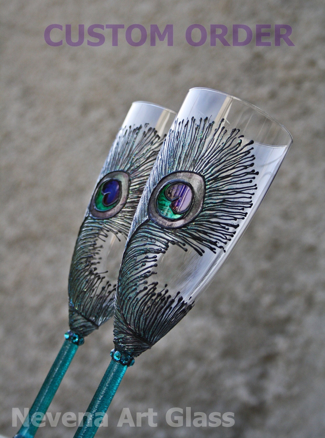 Custom Order set of 2 Hand Painted Champagne Flutes  Peacock Design Teal Turquoise Emerald Purple Swarovski Crystals