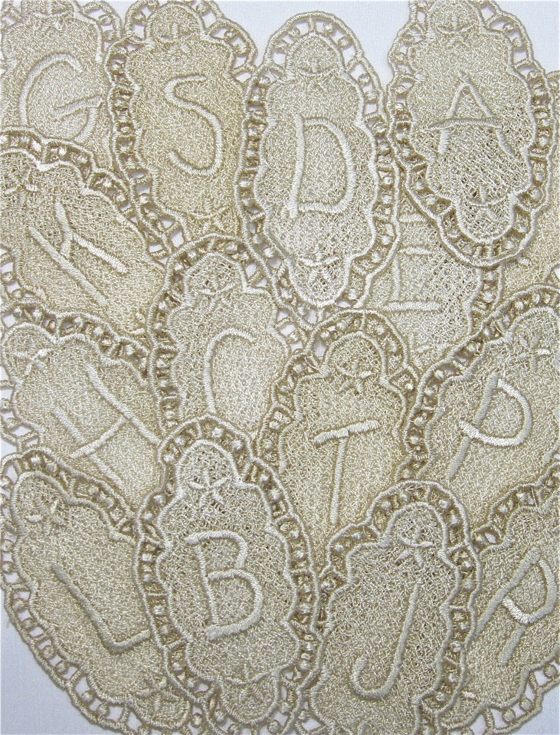 MONOGRAMS   5 of your choice  Venise Venice Lace Antiqued Golden Hand Dyed