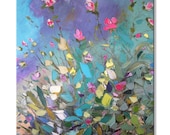 Wild pink briar - Original Large Floral Oil Painting on Canvas Palette Knife - by SOLOMOON - gallery fine art ready to hang impasto