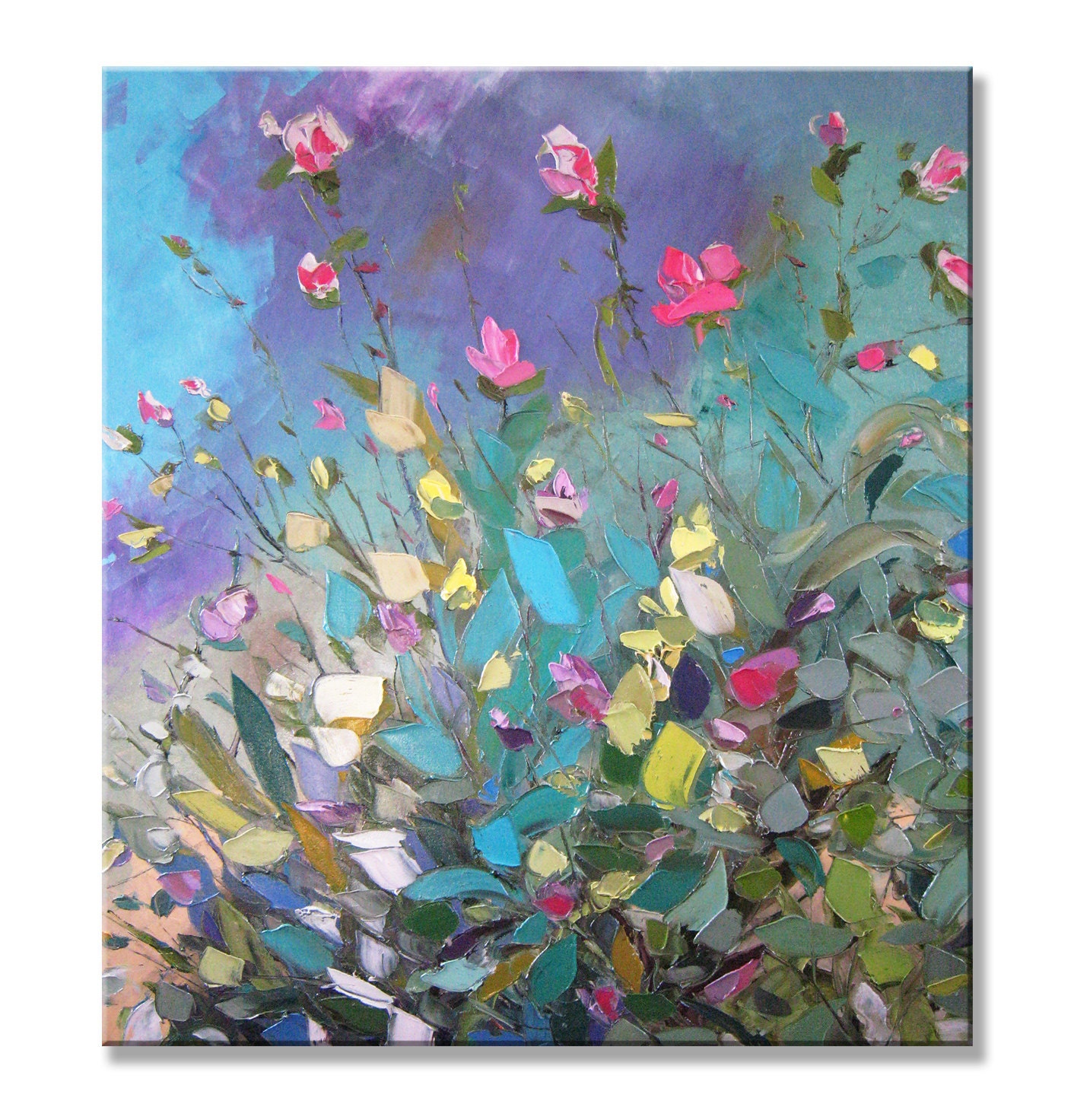Wild pink briar - Original Large Floral Oil Painting on Canvas Palette Knife - by SOLOMOON - gallery fine art ready to hang impasto