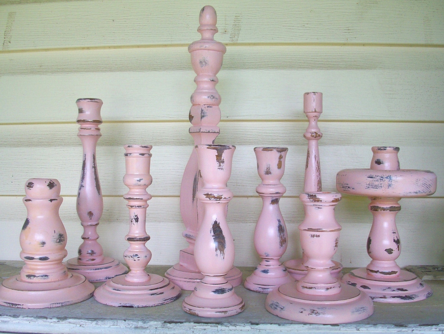 9 Distressed Vintage Seashell Pink Wood Candle Holders and Large Finial