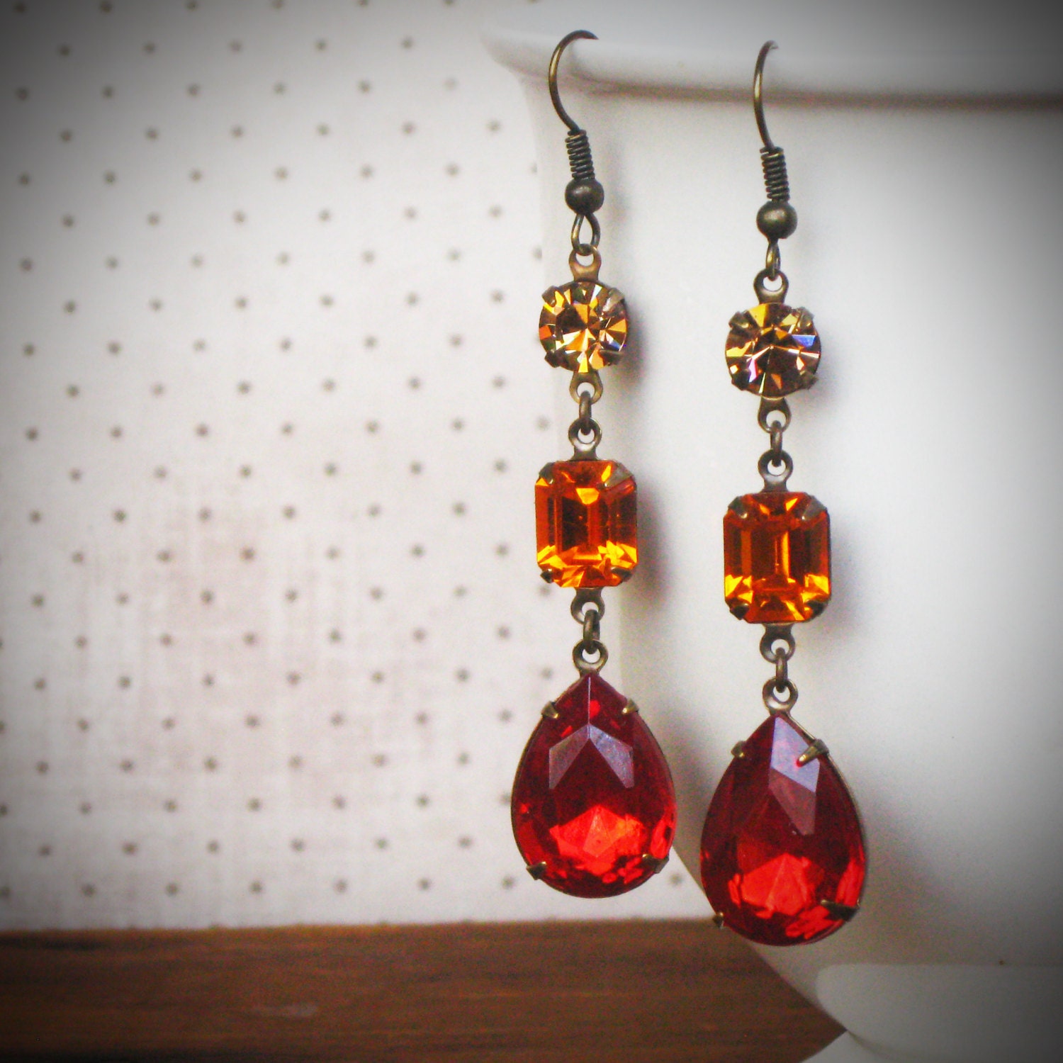 Poppy Red Dangle Earrings, Topaz, Tangerine, Dramatic, Kardashian
