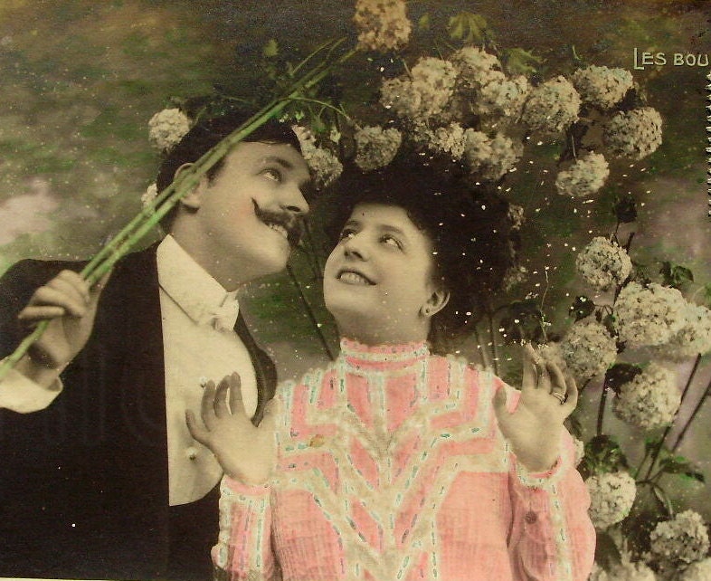 Antique French Postcard - Romantic Couple with 'Les Boules de Neige...'