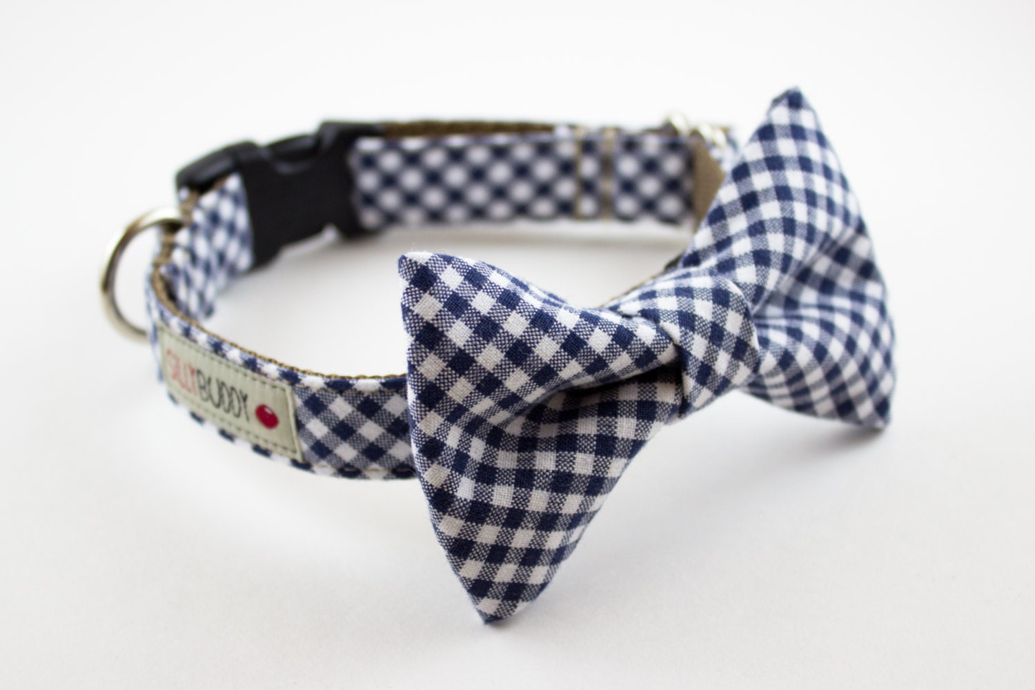 Navy Blue Gingham Bow Tie Dog Collar
