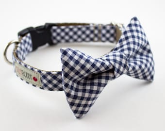 Navy Blue Gingham Bow Tie Dog Collar