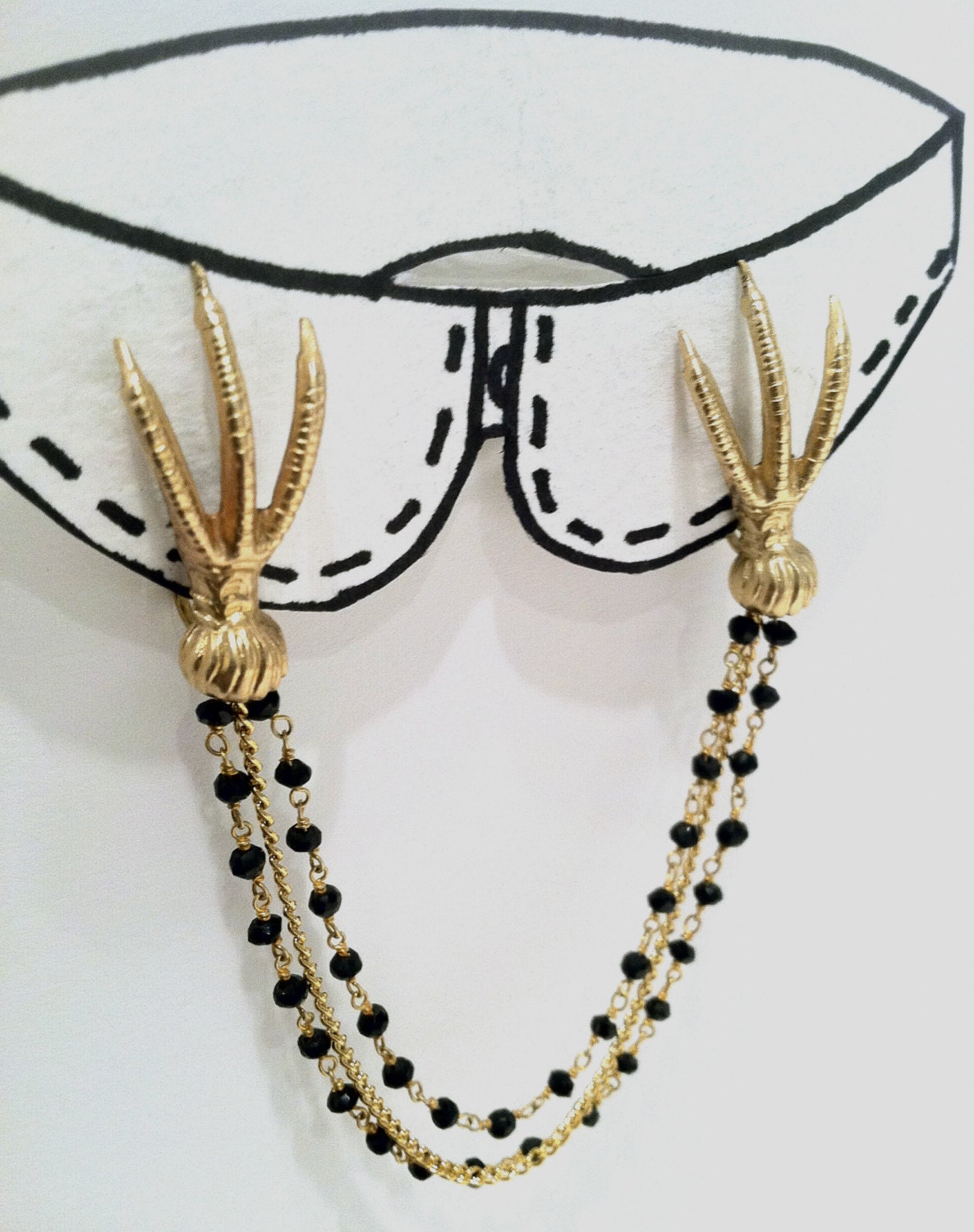 Collar Clips, Brass Claw Lapel Clips with 14k Gold Black Rosary Chain