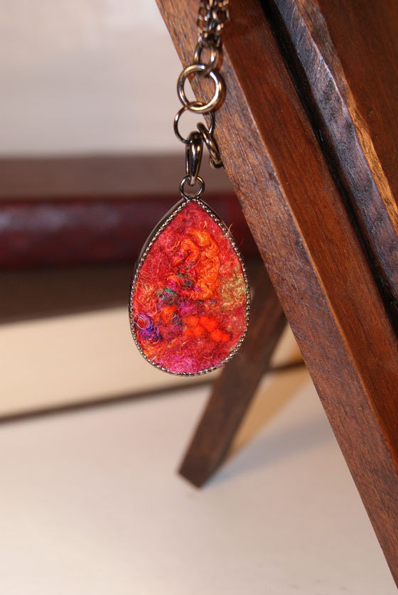 Red Orange Terracotta Wool Silk Drop Shaped Pendant. Gift 35