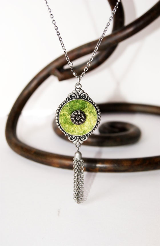 Grassy Light Green Wool Silk Pendant. Gift 35