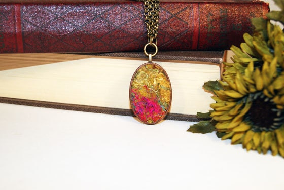 Mustard Pink Yellow Wool Silk Oval Pendant. Gift 35