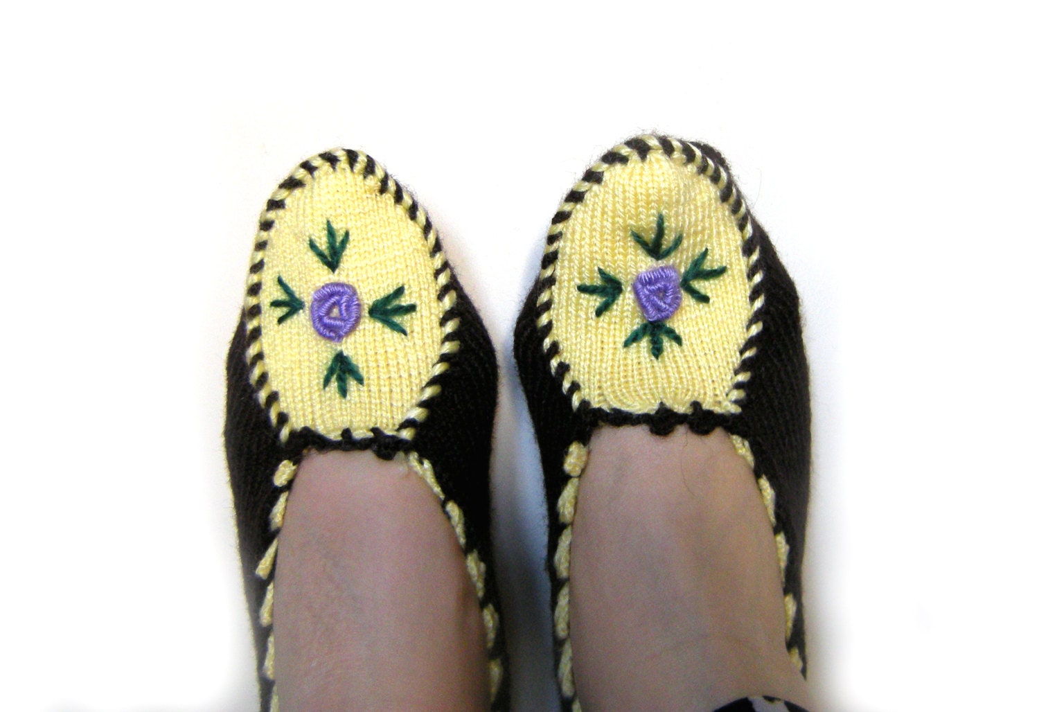 Women's Hand Knitted Slippers - Winter Warm Clothing-Brown,Yellow