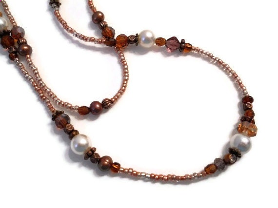Pearl Crystal Brown Copper Victorian Style Double Strand Necklace / Flapper