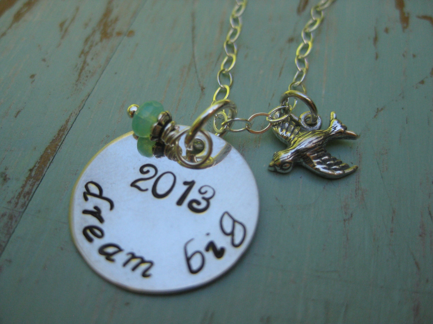 2013 Dream Big Graduation Necklace - Sterling Silver - Bird - Turquoise Czech Glass - TakeFlightBoutique on Etsy