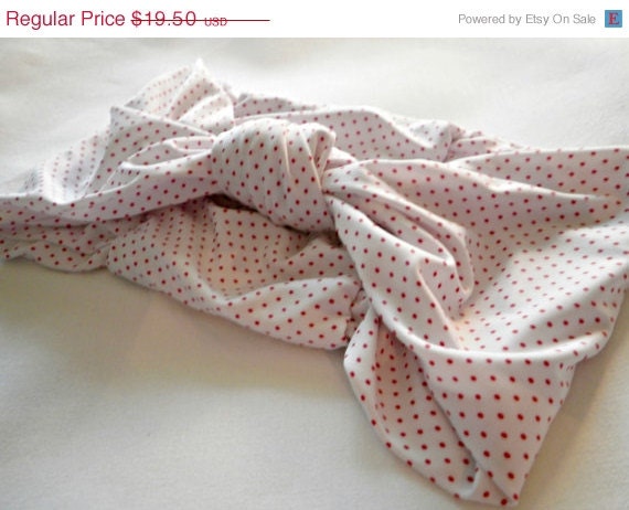 SALE Pin up girl Headband Rockabilly  Women's turban knotted headband Red and White Dots Dotty Heaband Stretch Jersey Knit