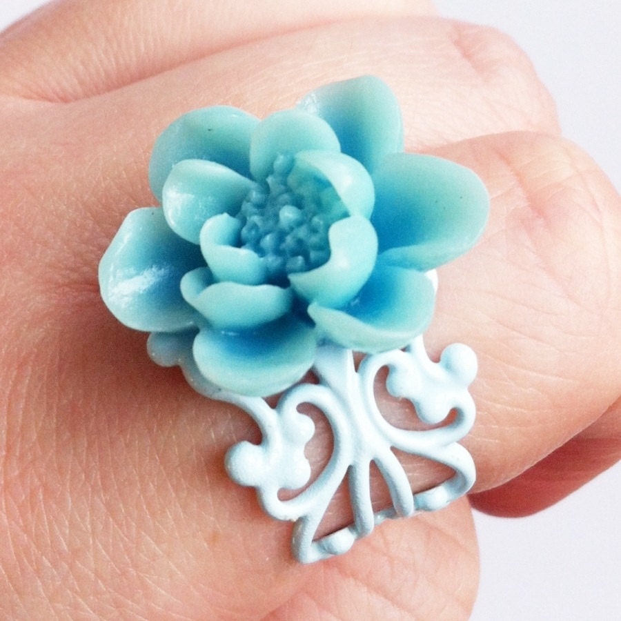 Something Blue Bridal Ring with blue lotus flower on a powder blue adjustable filigree band in gift bag for bride on wedding day traditions