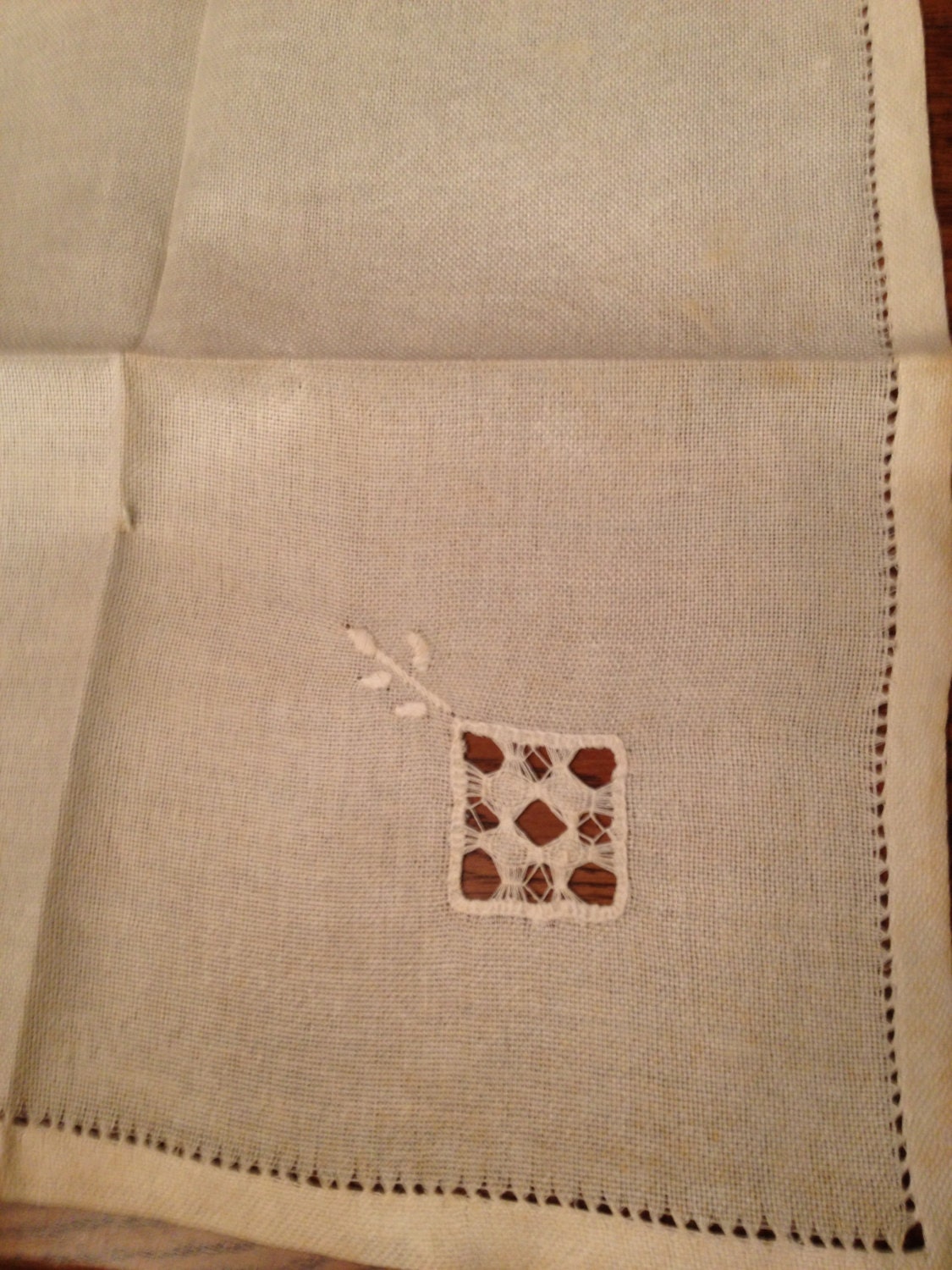 Vintage set of 6 Cloth Napkins Beige Cream Color Linen with Square Lace Cut Out Detailing