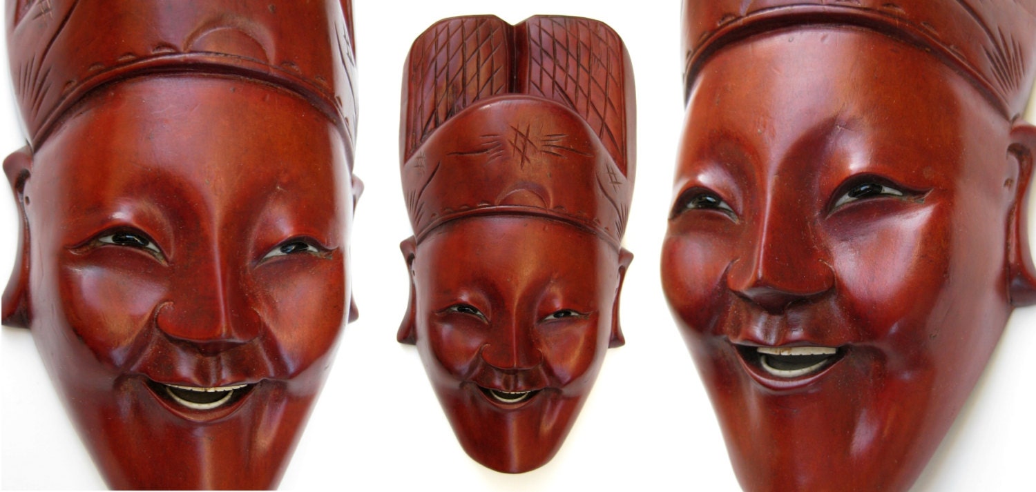 Antique Chinese Asian Carved Wood Face Mask Wall Hanging Art - Happy Smiling Woman Lady Girl Princess Vintage Decorative Unusual Rosewood
