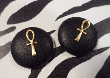 Black Leather Ankh Button Earrings
