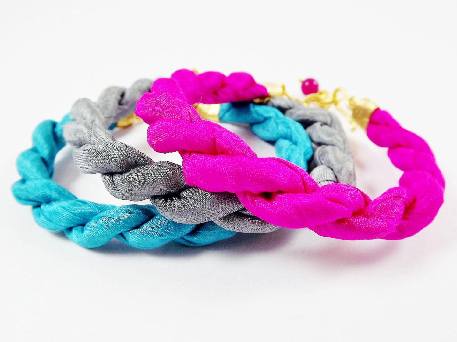 Instant Stacking Silk Bracelet Set -  Neon Pink, Turquoise, Grey Gray - Fashion - No:2