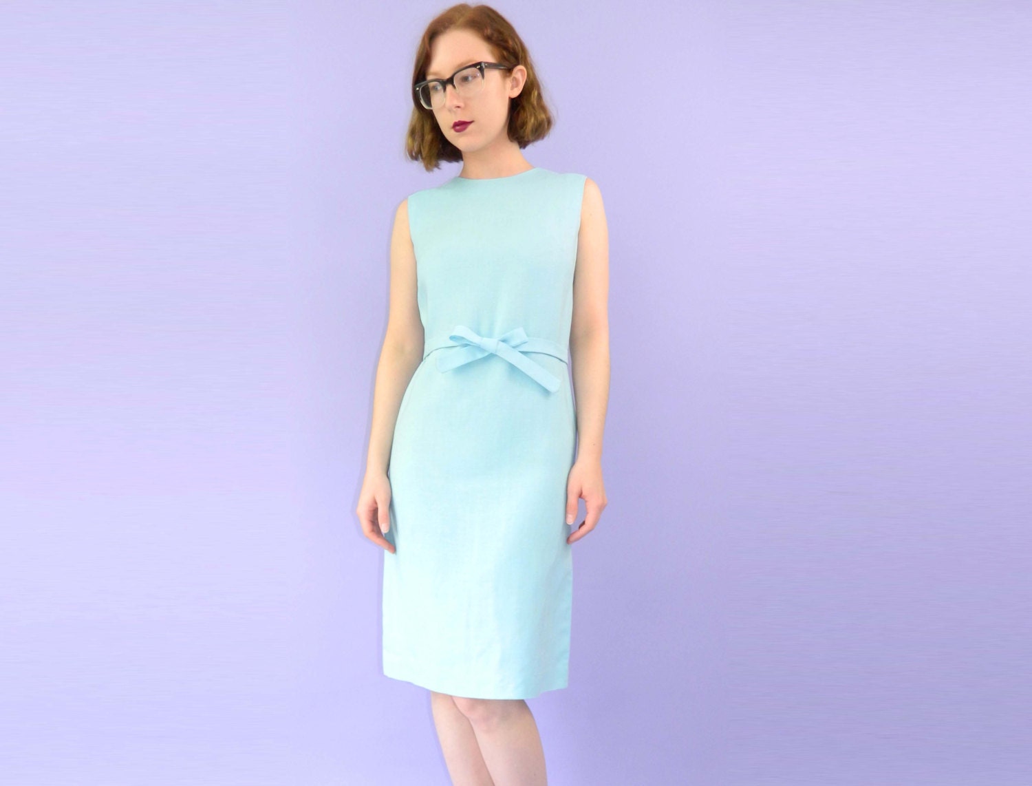 Vintage 1960s Shift Dress Pastel Blue Linen Small