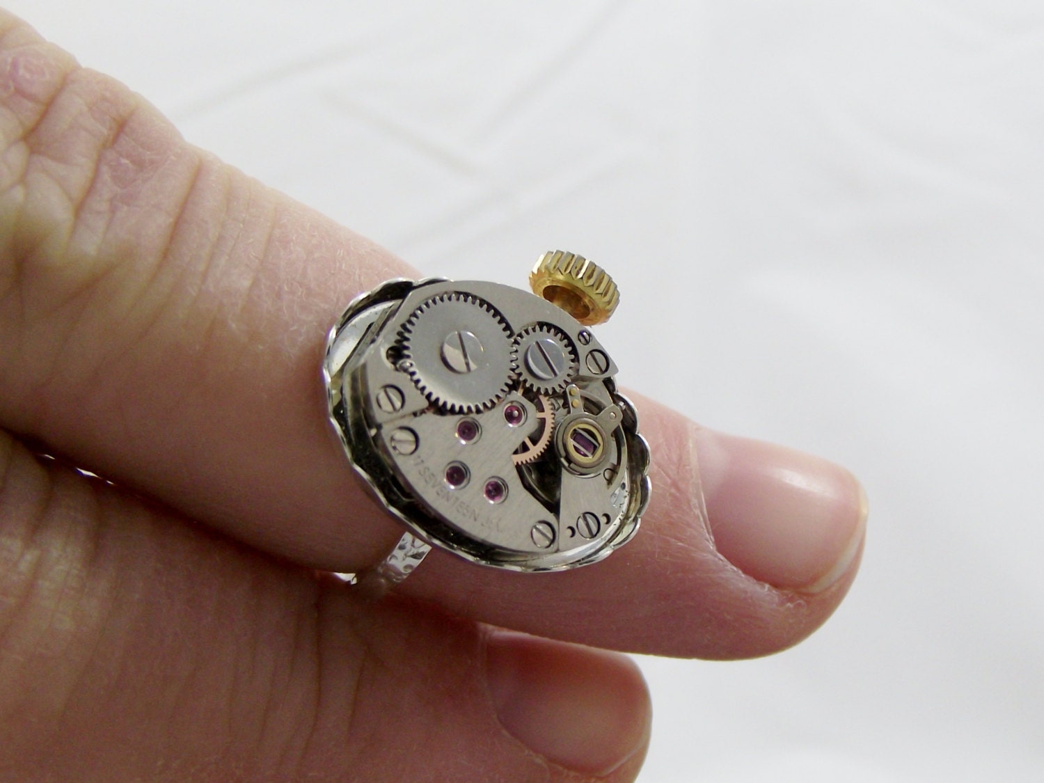 Women Sterling Silver Steampunk Ring 925 Recycled 17 Jewels Watch Parts Super Bowl Movement  Lady Boho Upcycled Jewelry cogs gears