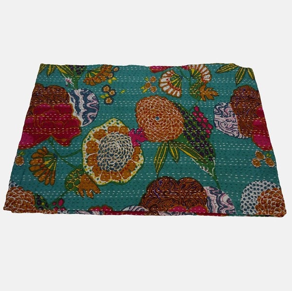Queen Kantha Throw handmade quilts for sale Sea Green