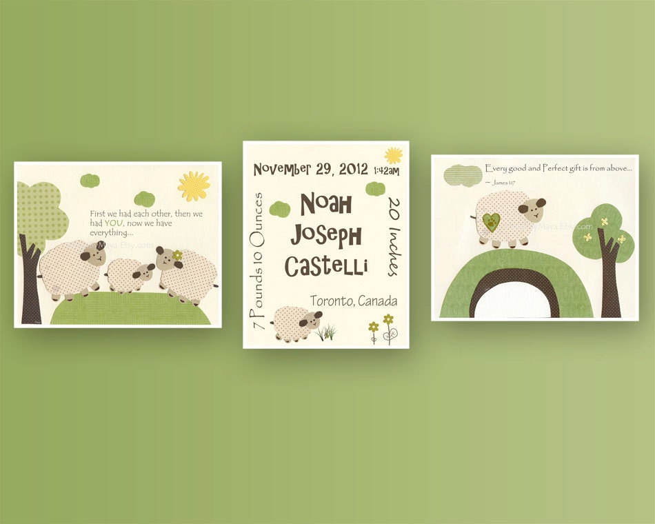 Baby room art, Nursery wall art, Children Artwork, set of 3 11x14, PBK, Sweet Lambie Nursery Bedding