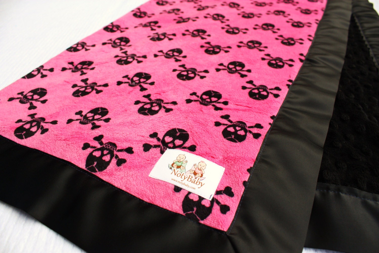 Hot Pink Rocker Skull Minky Print with Black Minky & Satin Trim -- Double Minky Baby Stroller Blanket -- READY TO SHIP