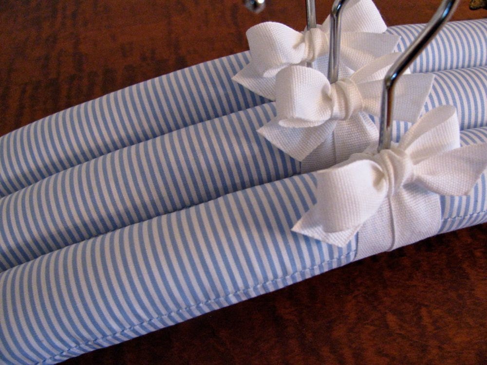 Blue Padded Hanger Set for Baby, Blue and White Woven Covers with  White Organic Ribbon Accent (Set of 3)