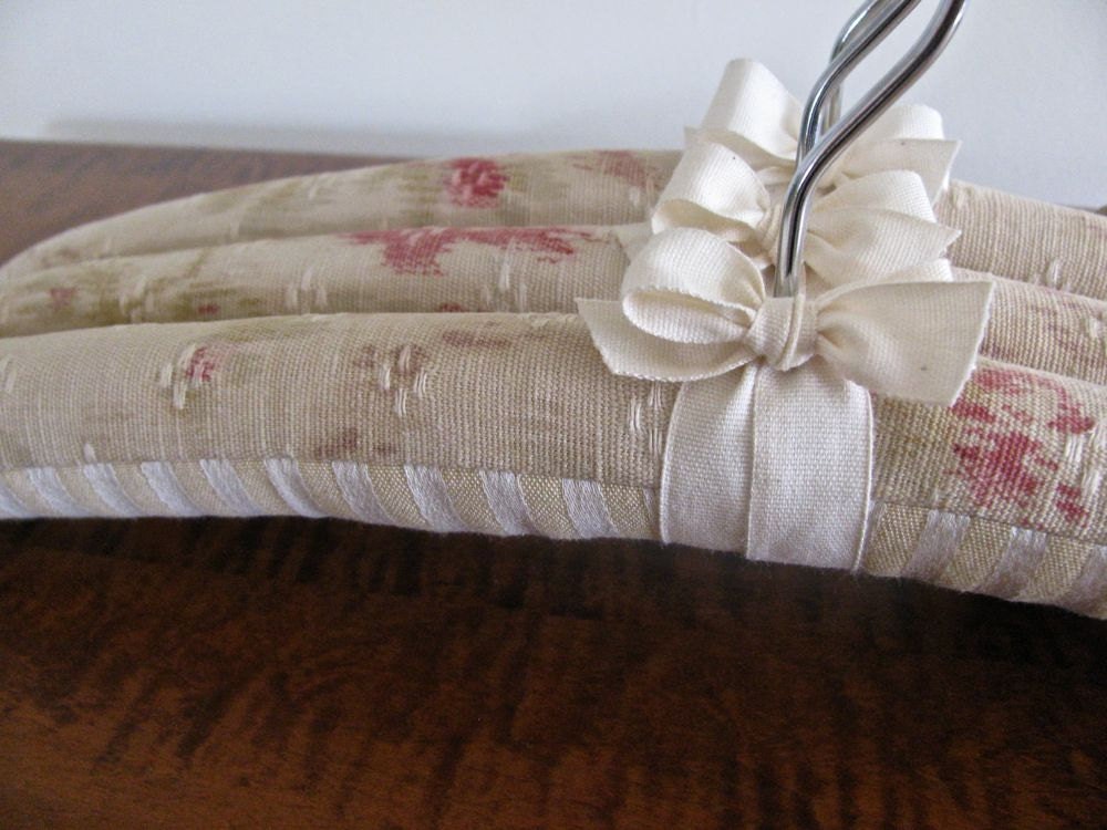 French Vintage Cotton Print c1860 with Striped Woven Jacquard botton, Padded Hangers, with Natural Organic Ribbon (Set of 3)